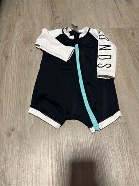 Bonds Kids Black and White One-Piece Swimsuit with Aqua Zip